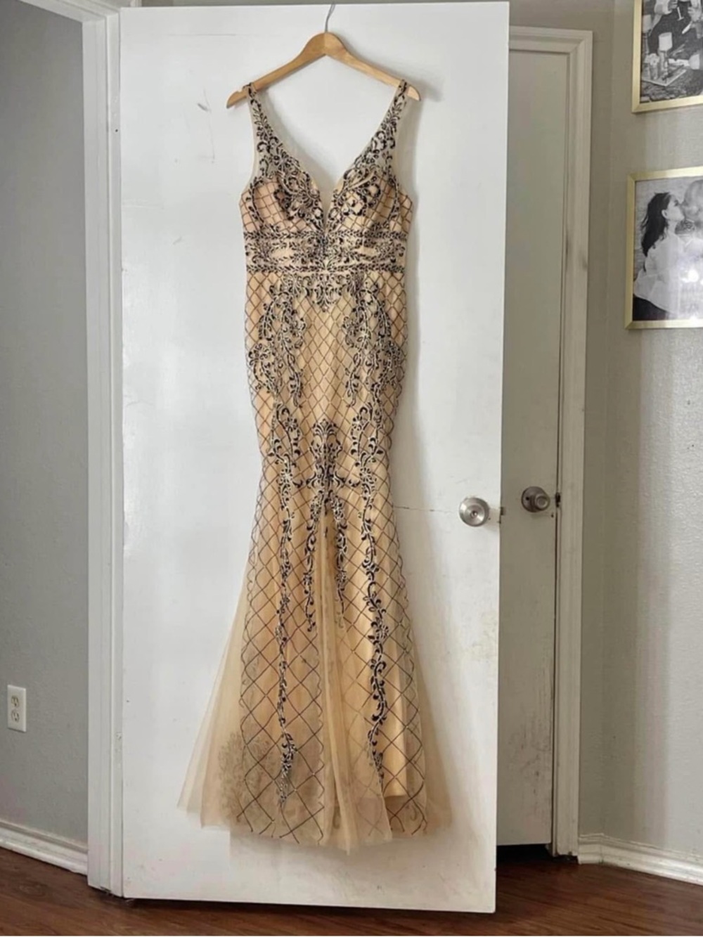 Elegant V-Neck Embellished Evening Gown in Champagne